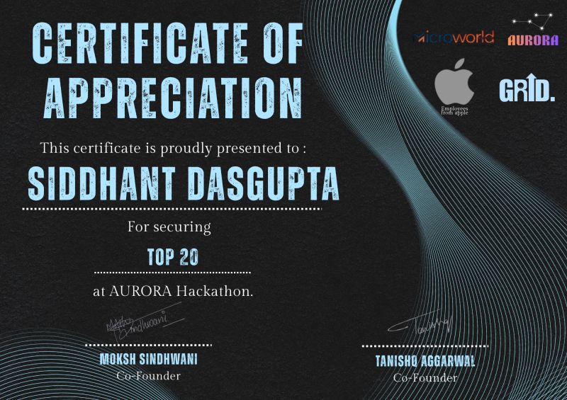 Aurora Top 20 certificate of appreciation for Siddhant Dasgupta