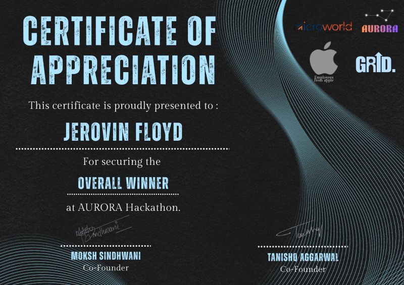 Aurora overall-winner certificate for Jerovin Floyd