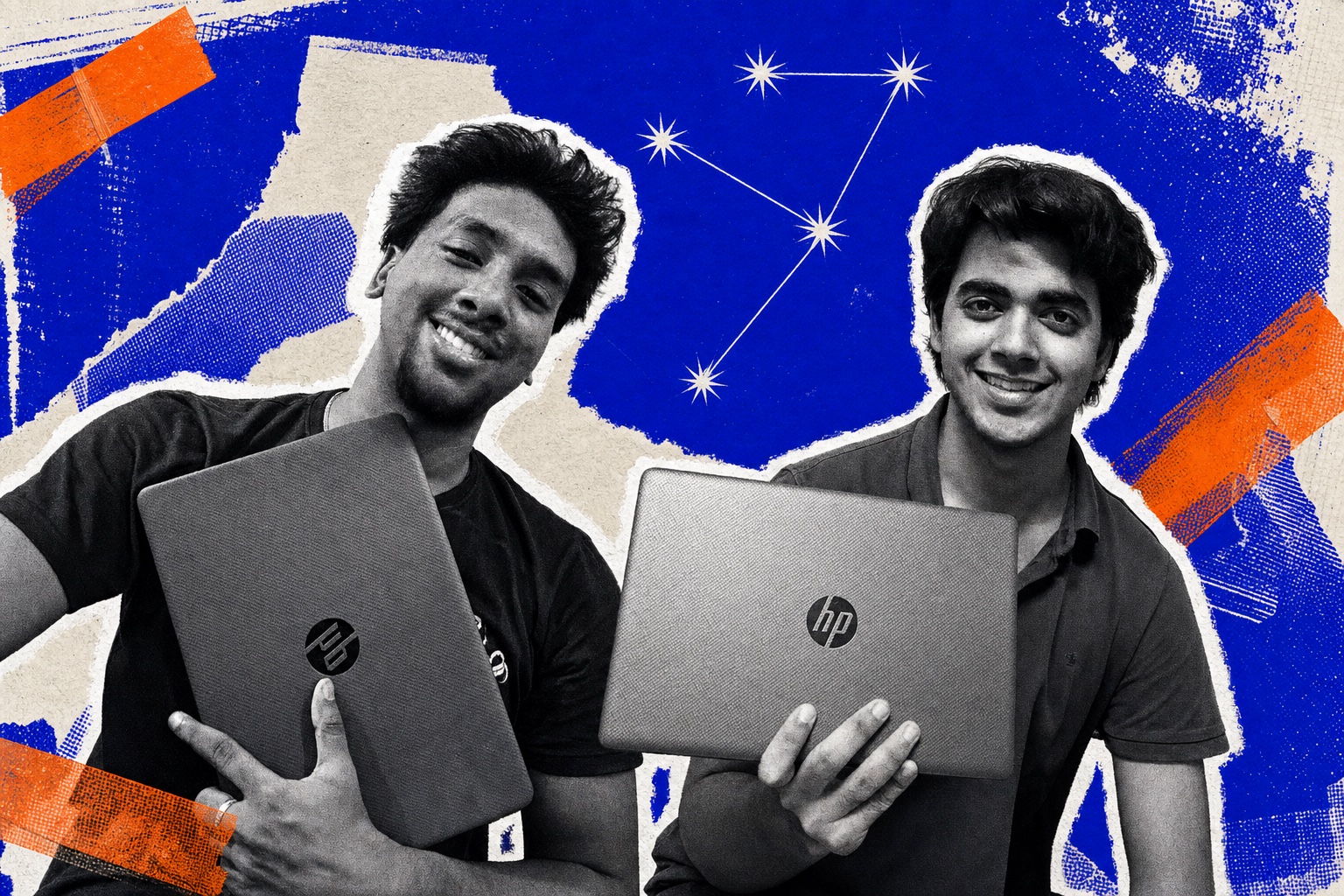 Jerovin Floyd Vincent Joseph and Gantavya Rohilla holding their Aurora prize laptops
